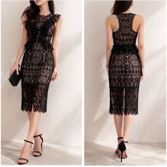 Alexis Narasse Black Lace Racerback Scalloped Cocktail Formal Midi Dress